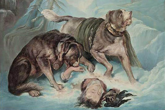 Artist anonim: salvament tras ils chauns dal Grond Son Bernard, enturn l'onn 1820 © Geschichtsmuseum Wallis, Sitten