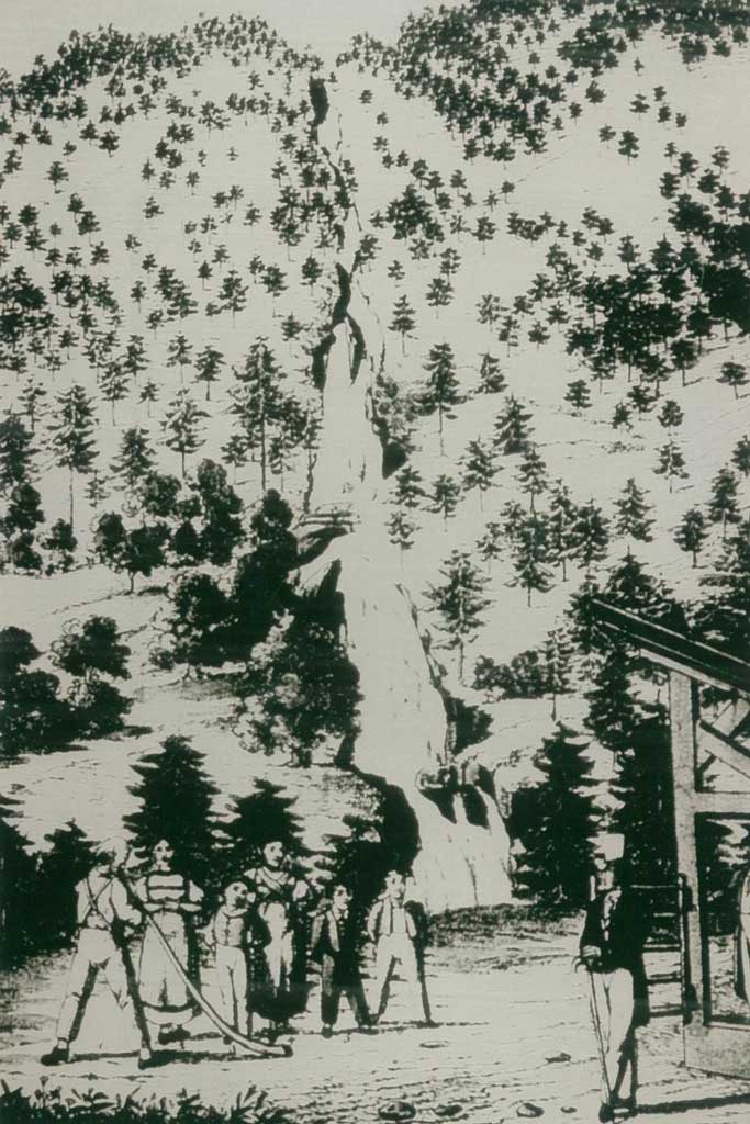 Geysler jun. «La cascada dal Giessbach cun la famiglia Kehrli», gravura dal 1830